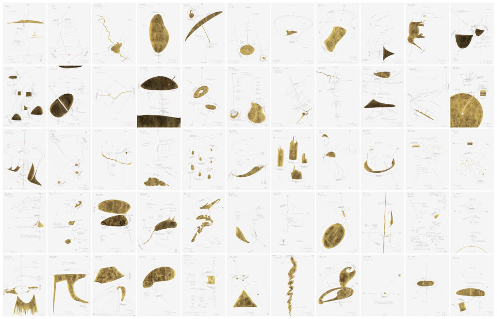 WV 2012-287 The Art of Being Happy (1) Reading and Outsourcing the Art of Being Happy Arthur Schopenhauer Lebensregel Nr. 1 Nikomachische Ethik Rotationsrichtung; Rotationsgeschwindigkeit 1-4 Umdrehungen/ Tag; Internes Zentrum; Externes Zentrum Ausrichtung Internes/ Externes Zentrum Jorinde Voigt Berlin 2012 51 x 36 cm Tinte, Bleistift, Blattgold auf Papier Unikat Signiert Gesamtansicht