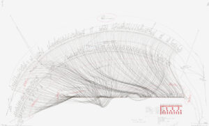 WV 2012-171 Ludwig van Beethoven/ Sonate Nr. 32 (Opus 111) 1.Satz (159 Takte insgesamt): Maestoso 4/4 – 16 Takte Allergro con brio ed appassionato 4/4 – 143 Takte 2. Satz (177 Takte insgesamt): Arietta (Adagio molto semplice) 9/16 – 32 Takte L’istesso tempo 6/16 – 16 Takte L’istesso tempo 12/32 – 129 Takte Himmelsrichtung N-S; Rotationsrichtung/ Rotationsgeschwindigkeit; 2 Interne Zentren; 4 Externe Zentren; Extract Intonation + Dynamic; Beat; Loop Jorinde Voigt Toronto 2012 86,5 x 140 cm Tinte, Bleistift auf Papier Unikat Signiert