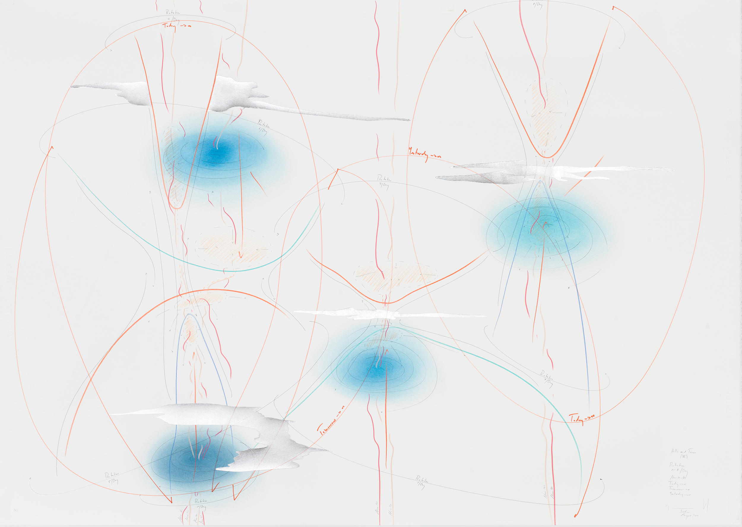 Hills and Turns IV Rotation 1-8/ Day Now (1)-(8) Today → ∞ Tomorrow → ∞ Yesterday → ∞ Berlin, August 2017 100 x 140 cm Tinte, Blattaluminium, Pastell, Ölkreide, Graphit auf Papier, Unikat, Signiert Ink, aluminium leaf, pastels, oil chalks, graphite on paper, unique work, signed WV 2017-142