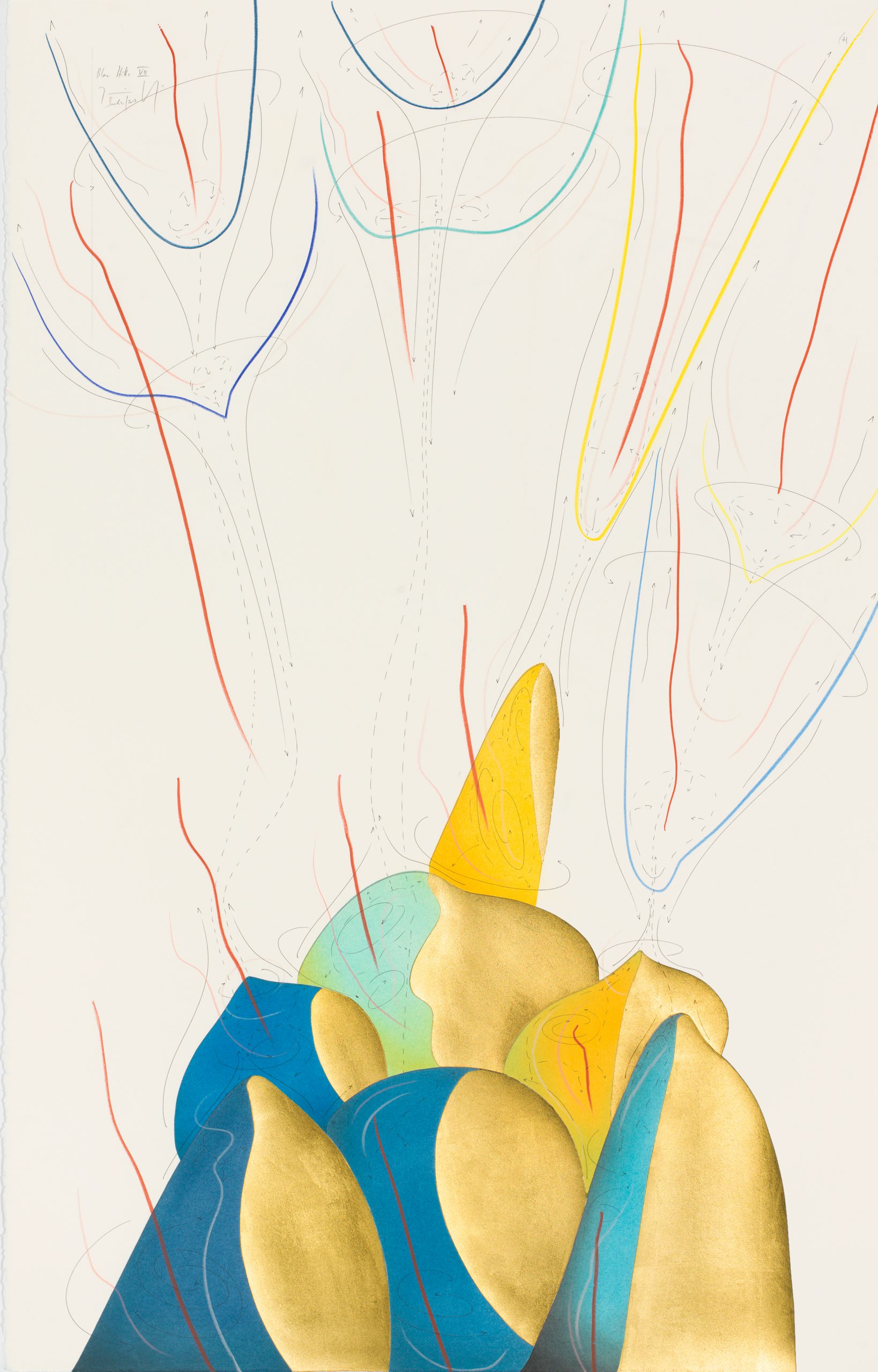 Blue Hills VII Berlin 2017 102 x 66 cm Tinte, Blattgold, Pastell, Ölkreide, Graphit auf Papier, Unikat, Signiert Ink, gold leaf, pastels, oil chalks, graphite on paper, unique work, signed WV 2017-149