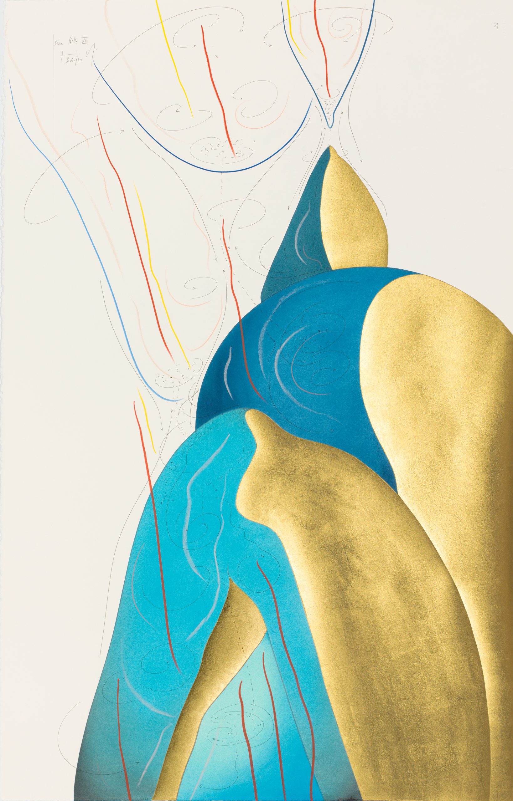 Blue Hills VIII Berlin 2017 102 x 66 cm Tinte, Blattgold, Pastell, Ölkreide, Graphit auf Papier, Unikat, Signiert Ink, gold leaf, pastels, oil chalks, graphite on paper, unique work, signed WV 2017-150