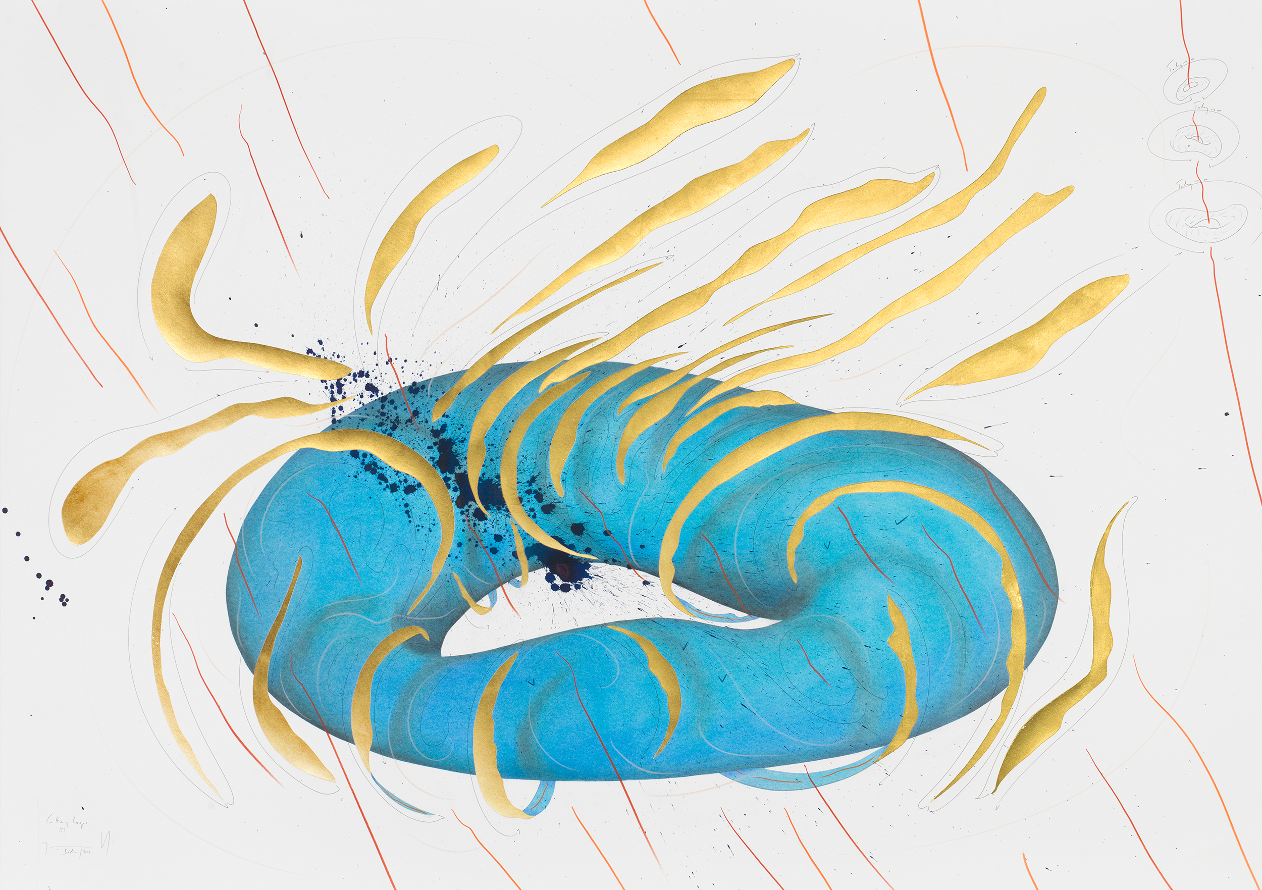 Cutting Loops I Berlin 2017 100 x 140 cm Tinte, Tusche, Blattgold, Pastell, Ölkreide, Graphit auf Papier, Unikat, Signiert Ink, India ink, gold leaf, pastels, oil chalks, graphite on paper, unique work, signed WV 2017-153