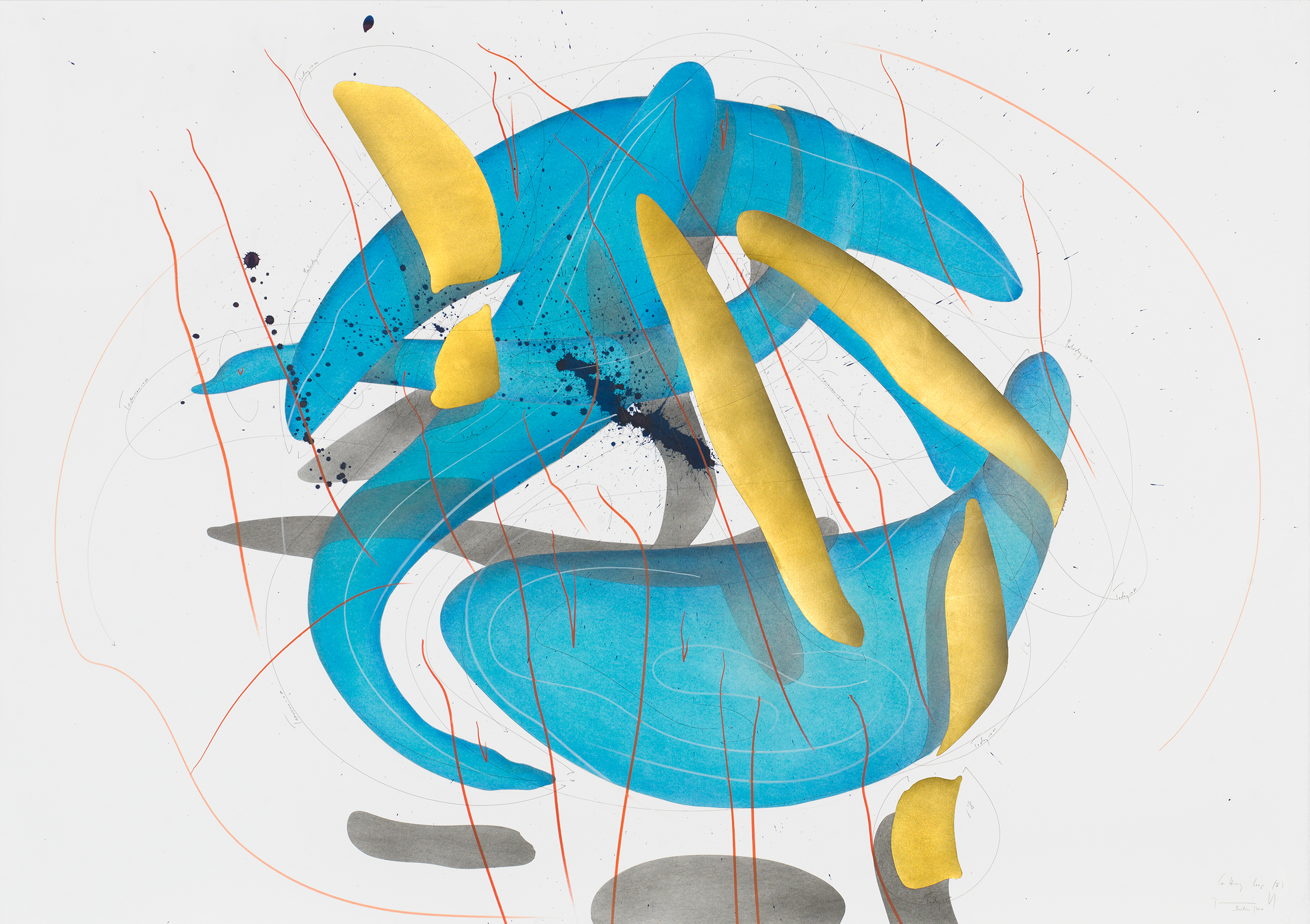 Cutting Loops V Berlin 2017 100 x 140 cm Tinte, Tusche, Blattgold, Pastell, Ölkreide, Graphit auf Papier, Unikat, Signiert Ink, India ink, gold leaf, pastels, oil chalks, graphite on paper, unique work, signed WV 2017-157