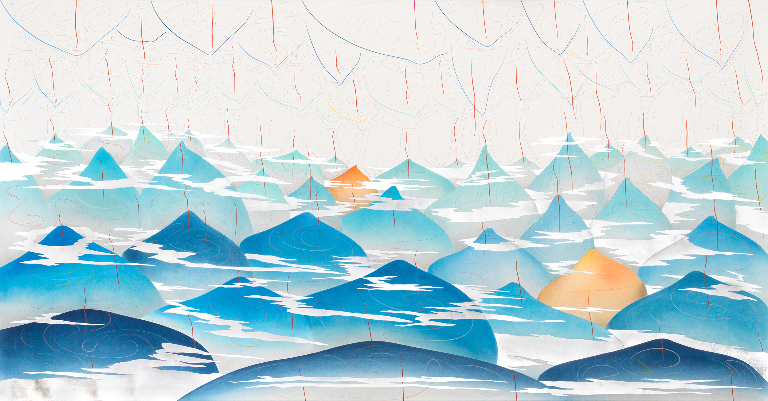 40 Hills Berlin 2017 140 x 269 cm Tinte, Blattgold, Pastell, Ölkreide, Graphit auf Papier, Unikat, Signiert Ink, aluminium leaf, pastels, oil chalks, graphite on paper, unique work, signed WV 2017-162