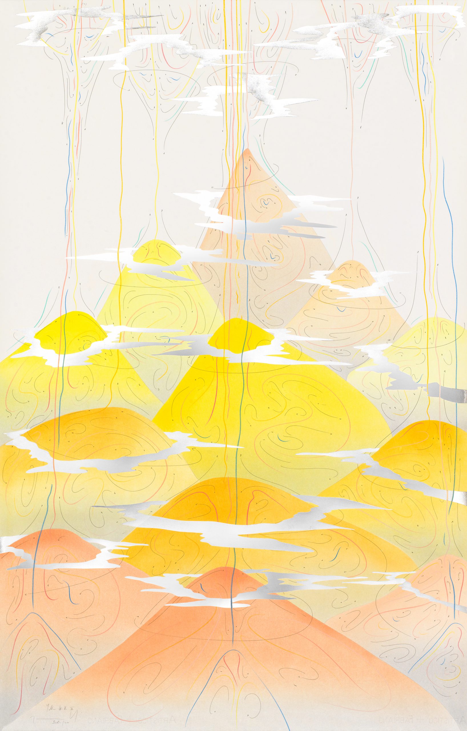 Yellow Hills III Berlin 2017 140 x 90 cm Tinte, Blattgold, Pastell, Ölkreide, Graphit auf Papier, Unikat, Signiert Ink, gold leaf, pastels, oil chalks, graphite on paper, unique work, signed WV 2017-166