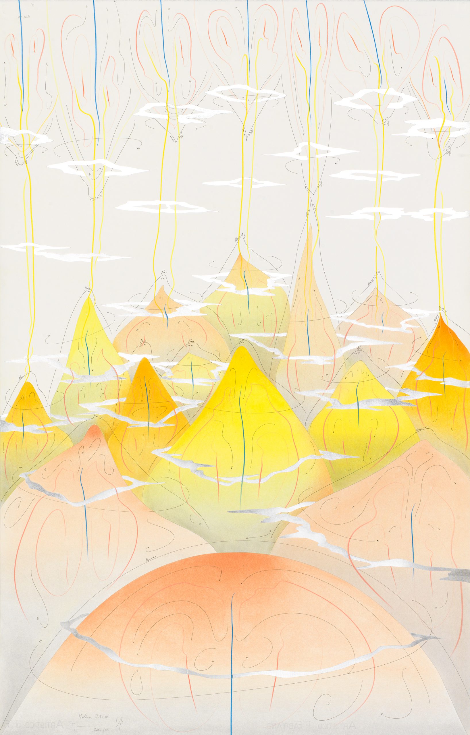 Yellow Hills IV Berlin 2017 140 x 90 cm Tinte, Blattgold, Pastell, Ölkreide, Graphit auf Papier, Unikat, Signiert Ink, gold leaf, pastels, oil chalks, graphite on paper, unique work, signed WV 2017-167