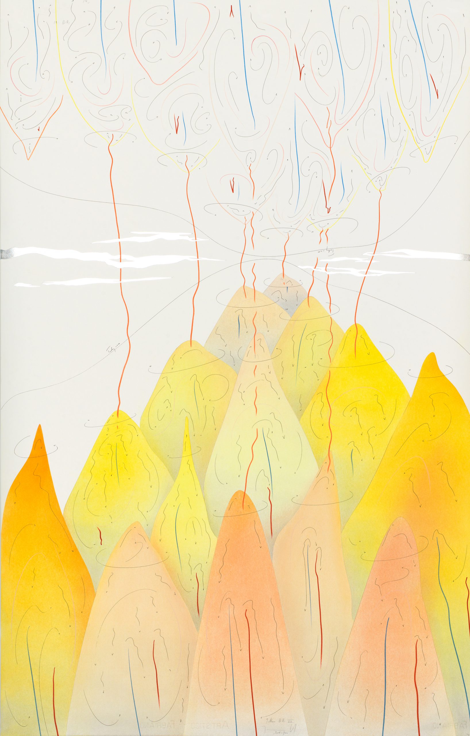Yellow Hills VII Berlin 2017 140 x 90 cm Tinte, Blattgold, Pastell, Ölkreide, Graphit auf Papier, Unikat, Signiert Ink, gold leaf, pastels, oil chalks, graphite on paper, unique work, signed WV 2017-170