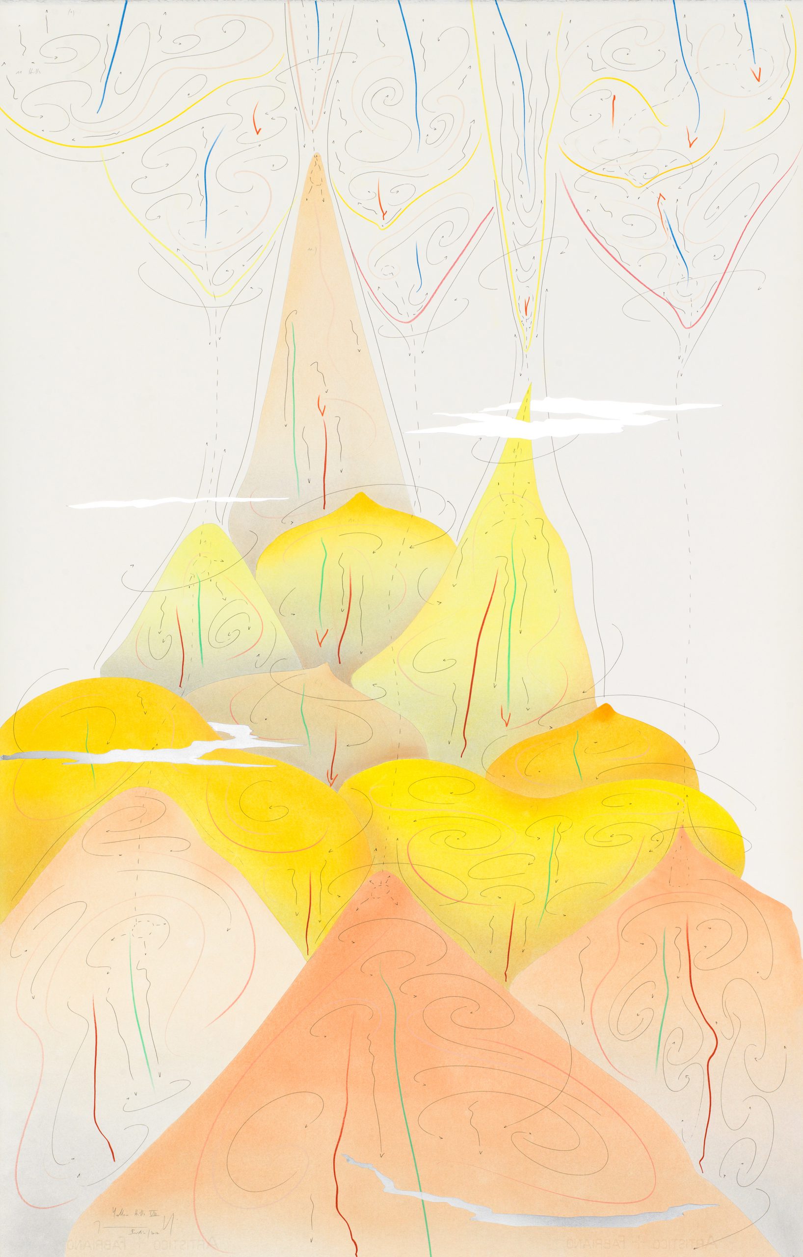 Yellow Hills VIII Berlin 2017 140 x 90 cm Tinte, Blattgold, Pastell, Ölkreide, Graphit auf Papier, Unikat, Signiert Ink, gold leaf, pastels, oil chalks, graphite on paper, unique work, signed WV 2017-171