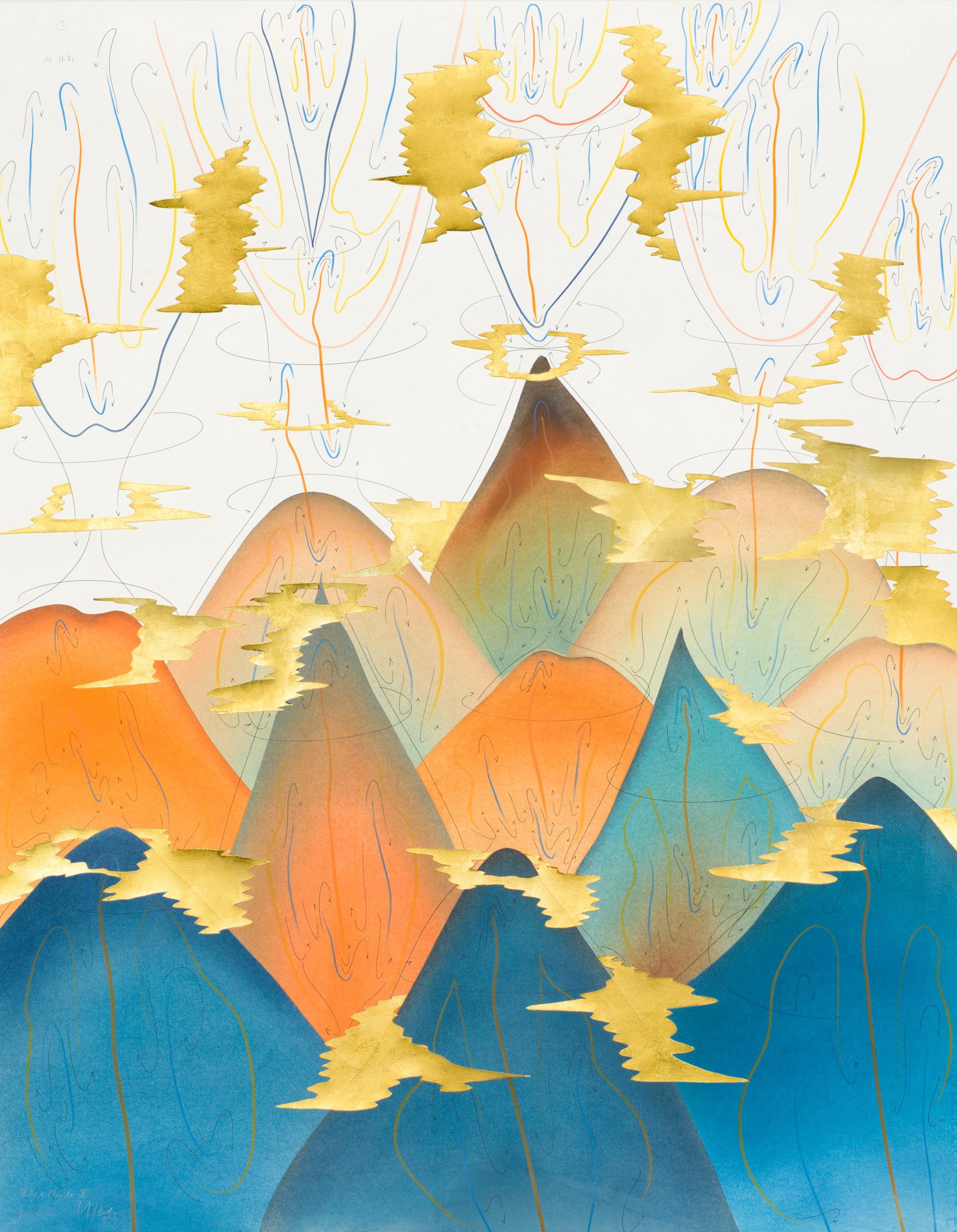 Hills+Clouds II Berlin 2017 88 x 69 cm Tinte, Blattgold, Pastell, Ölkreide, Graphit auf Papier, Unikat, Signiert Ink, gold leaf, pastels, oil chalks, graphite on paper, unique work, signed WV 2017-173