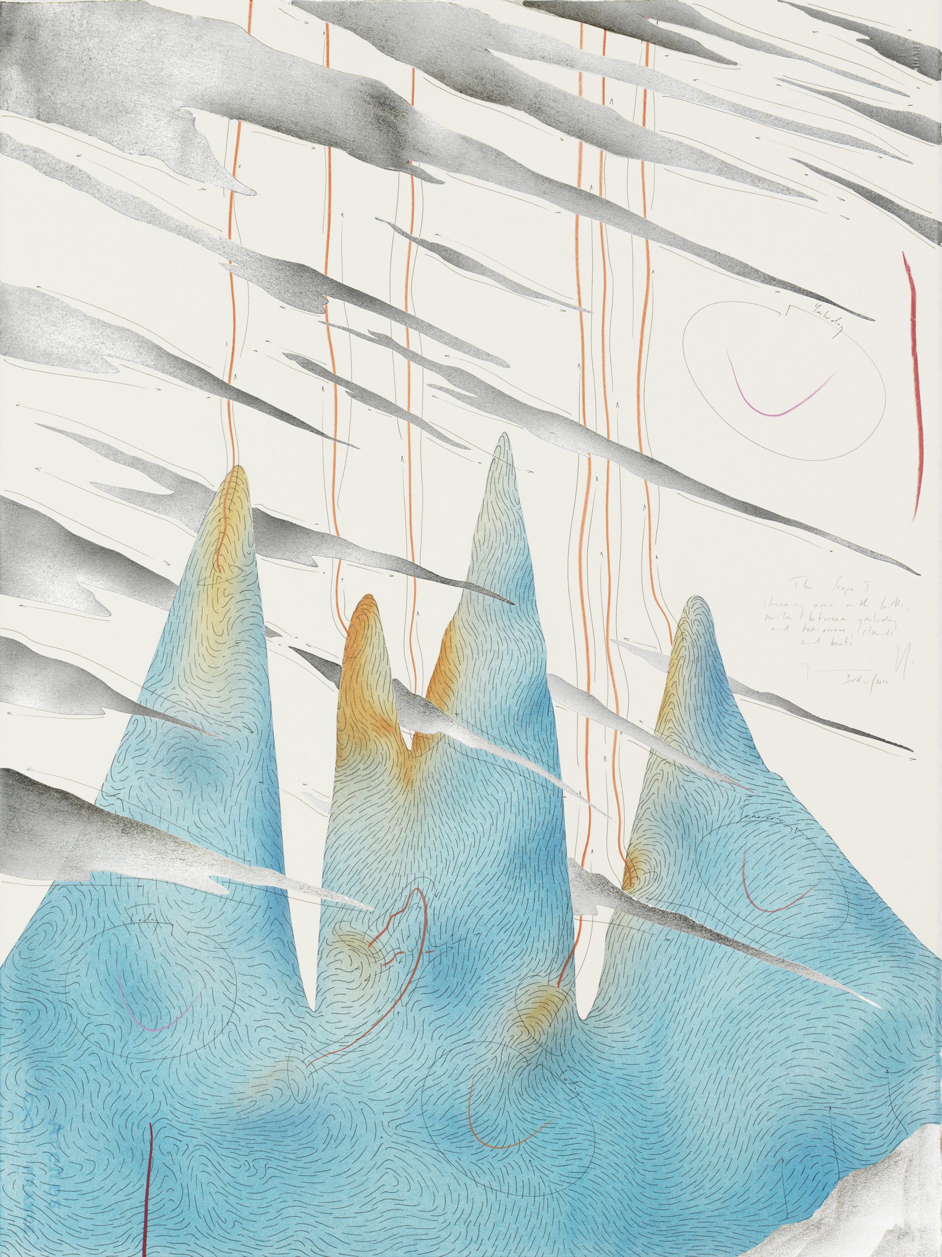 The Scope I Streaming area with hills, smiles between yesterday and tomorrow, clouds and beats Berlin 2017 Einzelblatt 76,5 x 56,5 cm Single sheet 76,5 x 56,5 cm Gesamtinstallation nur Kunst 153 x 282,5 cm Entire installation art only 153 x 282,5 cm Tinte, Blattaluminium, Pastell, Ölkreide, Bleistift auf Papier, Unikat, Signiert Ink, aluminium leaf, pastels, oil chalks, pencil on paper, unique work, signed WV 2017-185