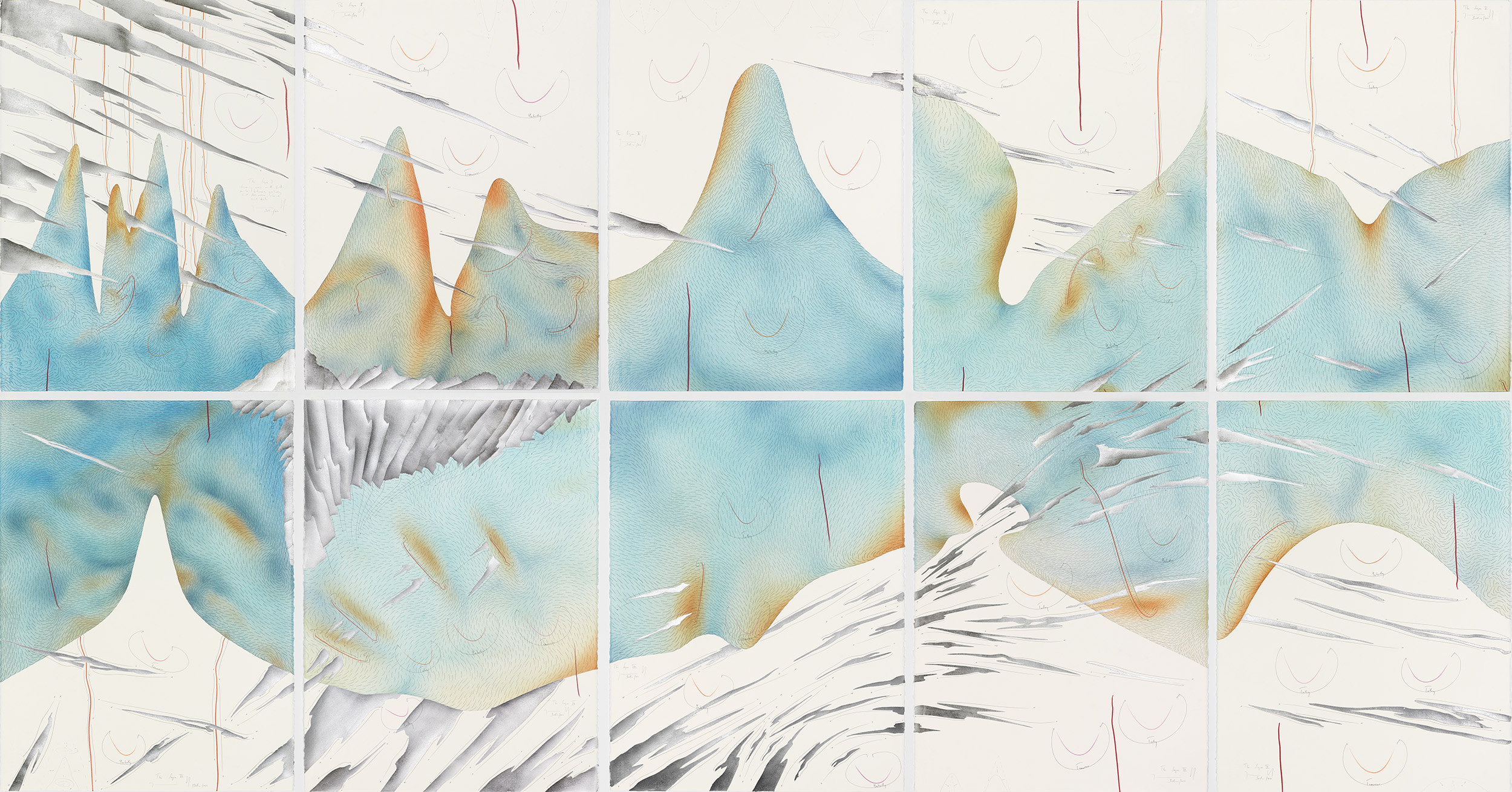 The Scope I Streaming area with hills, smiles between yesterday and tomorrow, clouds and beats Berlin 2017 Einzelblatt 76,5 x 56,5 cm Single sheet 76,5 x 56,5 cm Gesamtinstallation nur Kunst 153 x 282,5 cm Entire installation art only 153 x 282,5 cm Tinte, Blattaluminium, Pastell, Ölkreide, Bleistift auf Papier, Unikat, Signiert Ink, aluminium leaf, pastels, oil chalks, pencil on paper, unique work, signed WV 2017-185-194