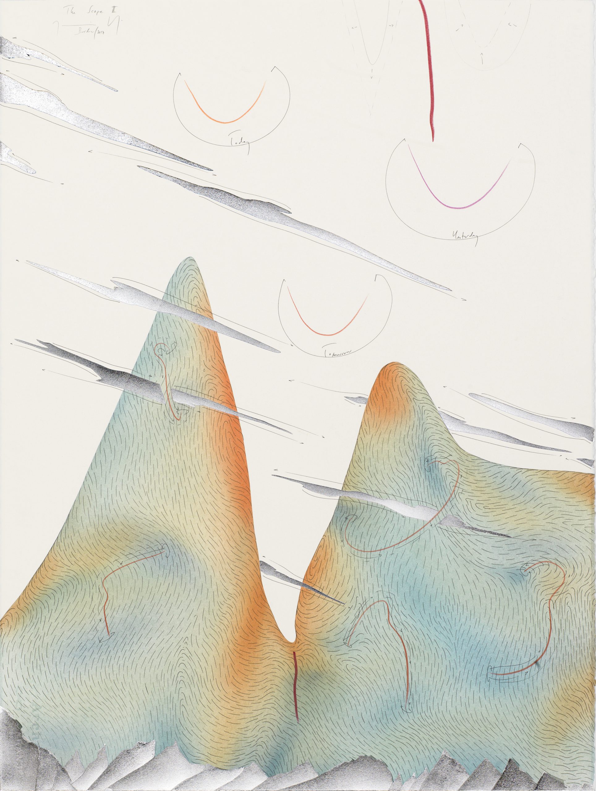 The Scope II Streaming area with hills, smiles between yesterday and tomorrow, clouds and beats Berlin 2017 Einzelblatt 76,5 x 56,5 cm Single sheet 76,5 x 56,5 cm Gesamtinstallation nur Kunst 153 x 282,5 cm Entire installation art only 153 x 282,5 cm Tinte, Blattaluminium, Pastell, Ölkreide, Bleistift auf Papier, Unikat, Signiert Ink, aluminium leaf, pastels, oil chalks, pencil on paper, unique work, signed WV 2017-186