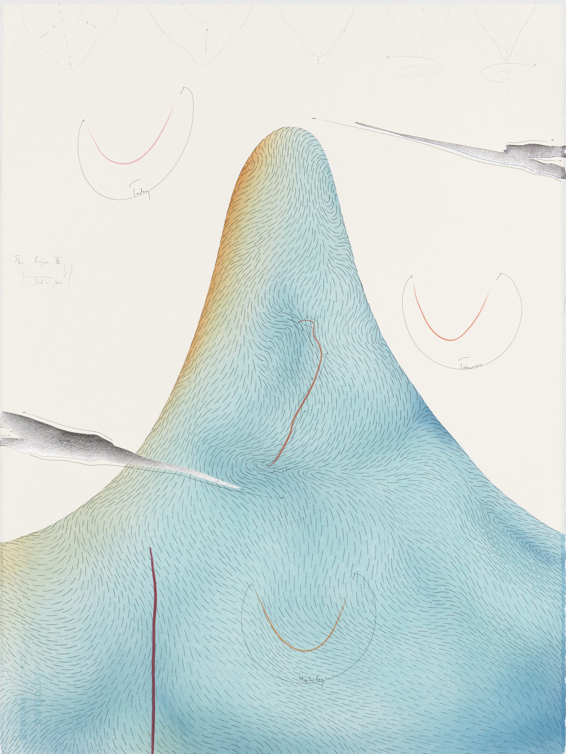 The Scope III Streaming area with hills, smiles between yesterday and tomorrow, clouds and beats Berlin 2017 Einzelblatt 76,5 x 56,5 cm Single sheet 76,5 x 56,5 cm Gesamtinstallation nur Kunst 153 x 282,5 cm Entire installation art only 153 x 282,5 cm Tinte, Blattaluminium, Pastell, Ölkreide, Bleistift auf Papier, Unikat, Signiert Ink, aluminium leaf, pastels, oil chalks, pencil on paper, unique work, signed WV 2017-187