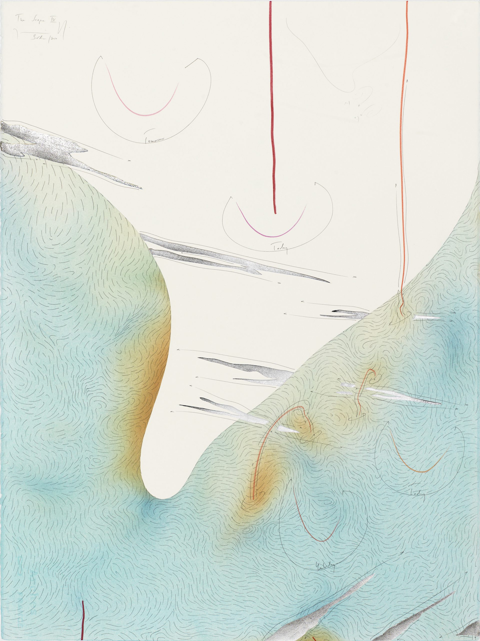 The Scope IV Streaming area with hills, smiles between yesterday and tomorrow, clouds and beats Berlin 2017 Einzelblatt 76,5 x 56,5 cm Single sheet 76,5 x 56,5 cm Gesamtinstallation nur Kunst 153 x 282,5 cm Entire installation art only 153 x 282,5 cm Tinte, Blattaluminium, Pastell, Ölkreide, Bleistift auf Papier, Unikat, Signiert Ink, aluminium leaf, pastels, oil chalks, pencil on paper, unique work, signed WV 2017-188