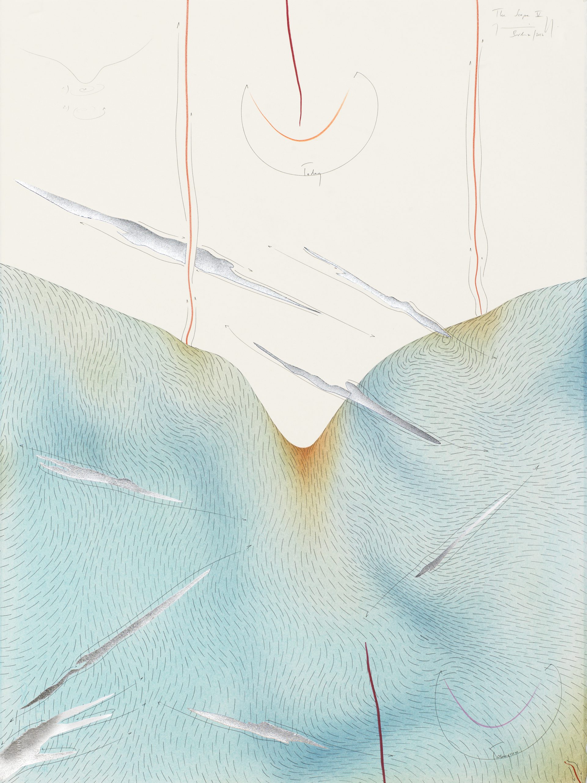 The Scope V Streaming area with hills, smiles between yesterday and tomorrow, clouds and beats Berlin 2017 Einzelblatt 76,5 x 56,5 cm Single sheet 76,5 x 56,5 cm Gesamtinstallation nur Kunst 153 x 282,5 cm Entire installation art only 153 x 282,5 cm Tinte, Blattaluminium, Pastell, Ölkreide, Bleistift auf Papier, Unikat, Signiert Ink, aluminium leaf, pastels, oil chalks, pencil on paper, unique work, signed WV 2017-189