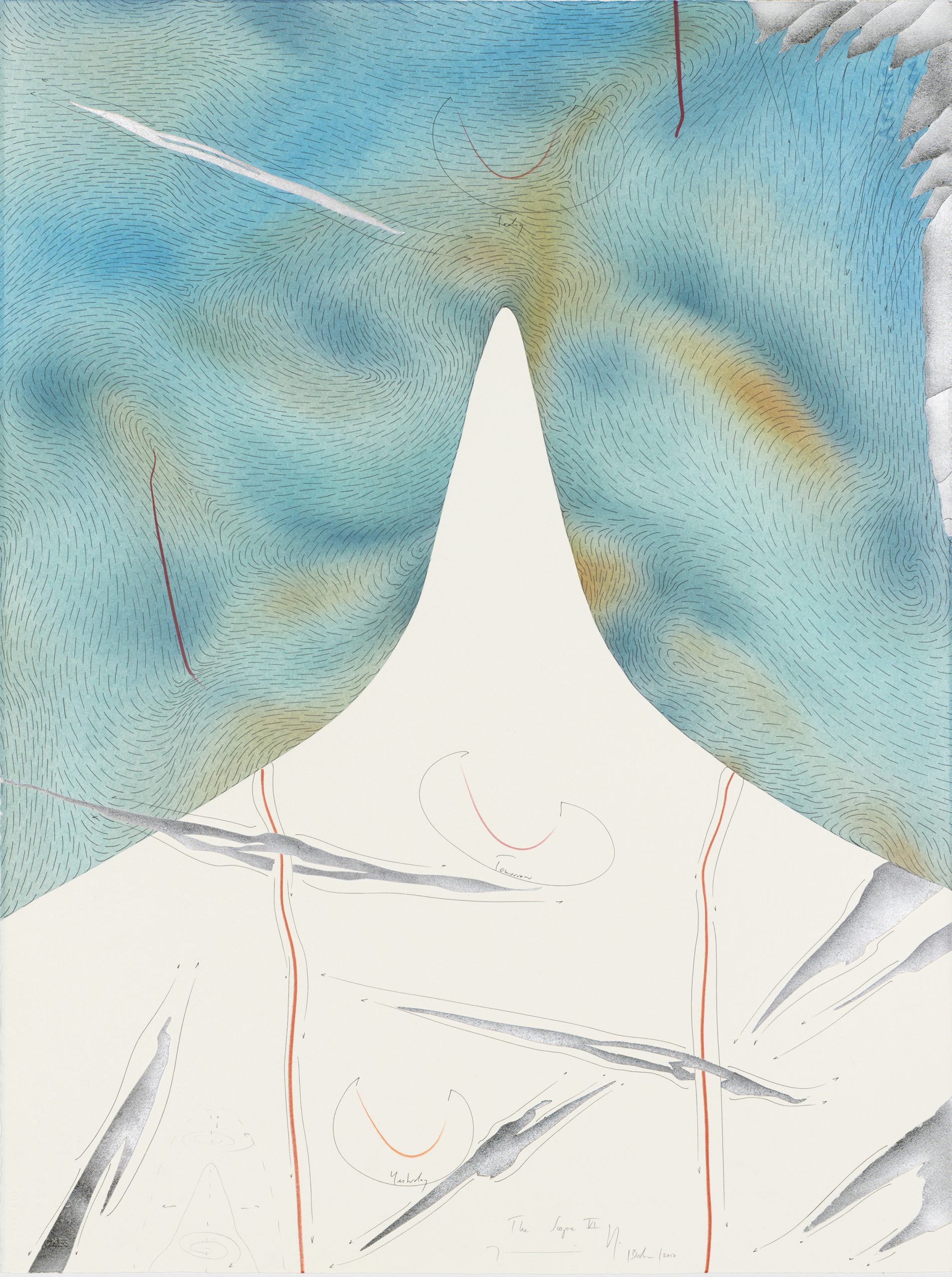 The Scope VI Streaming area with hills, smiles between yesterday and tomorrow, clouds and beats Berlin 2017 Einzelblatt 76,5 x 56,5 cm Single sheet 76,5 x 56,5 cm Gesamtinstallation nur Kunst 153 x 282,5 cm Entire installation art only 153 x 282,5 cm Tinte, Blattaluminium, Pastell, Ölkreide, Bleistift auf Papier, Unikat, Signiert Ink, aluminium leaf, pastels, oil chalks, pencil on paper, unique work, signed WV 2017-190