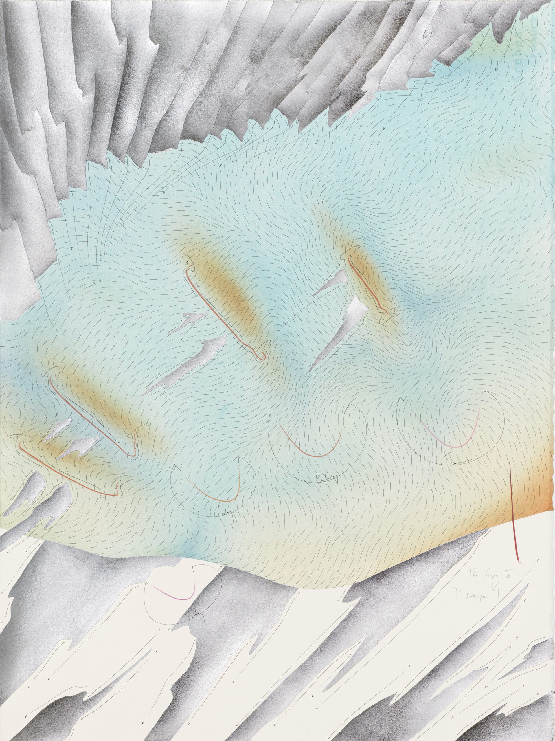 The Scope VII Streaming area with hills, smiles between yesterday and tomorrow, clouds and beats Berlin 2017 Einzelblatt 76,5 x 56,5 cm Single sheet 76,5 x 56,5 cm Gesamtinstallation nur Kunst 153 x 282,5 cm Entire installation art only 153 x 282,5 cm Tinte, Blattaluminium, Pastell, Ölkreide, Bleistift auf Papier, Unikat, Signiert Ink, aluminium leaf, pastels, oil chalks, pencil on paper, unique work, signed WV 2017-191