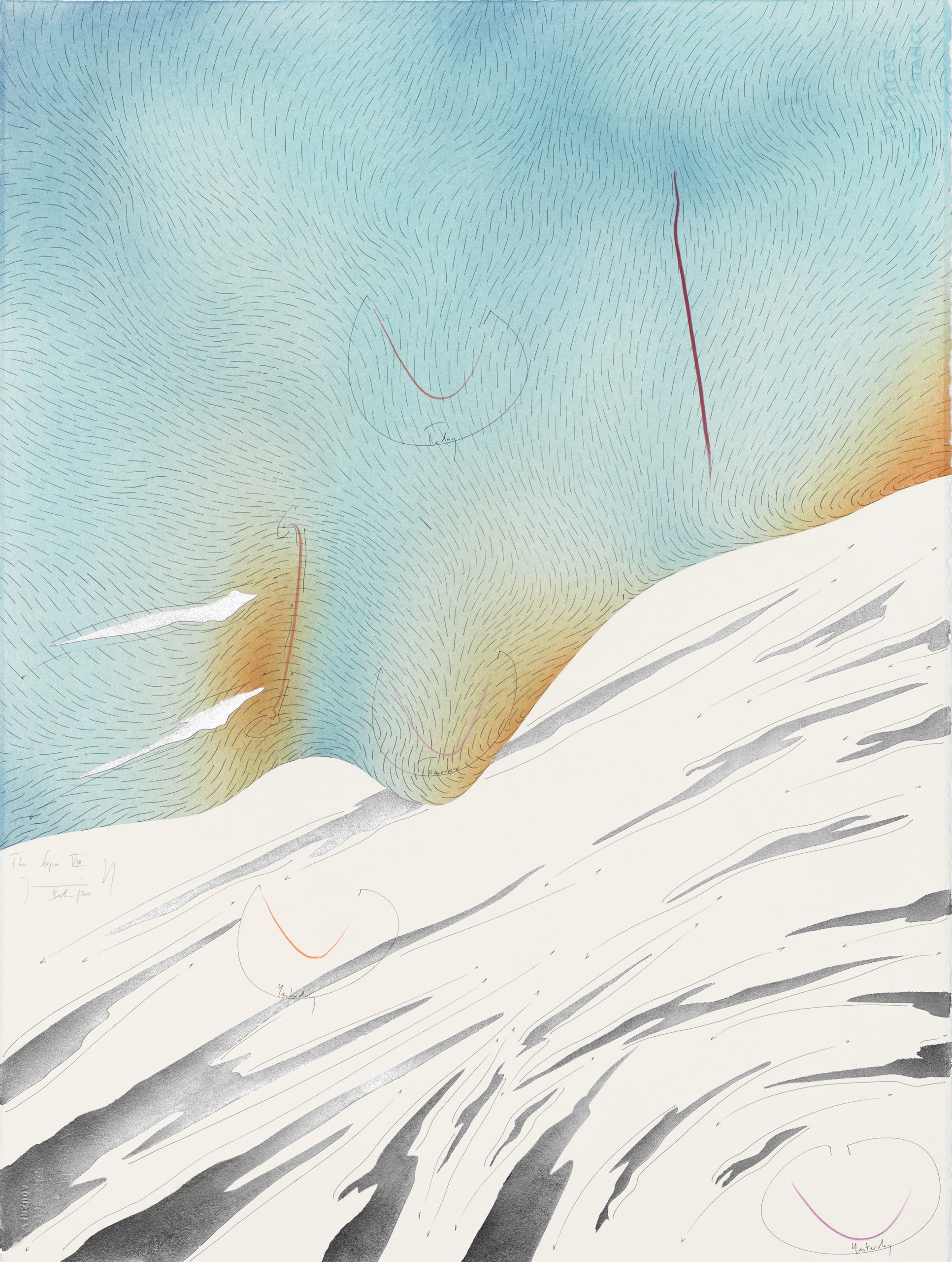 The Scope VIII Streaming area with hills, smiles between yesterday and tomorrow, clouds and beats Berlin 2017 Einzelblatt 76,5 x 56,5 cm Single sheet 76,5 x 56,5 cm Gesamtinstallation nur Kunst 153 x 282,5 cm Entire installation art only 153 x 282,5 cm Tinte, Blattaluminium, Pastell, Ölkreide, Bleistift auf Papier, Unikat, Signiert Ink, aluminium leaf, pastels, oil chalks, pencil on paper, unique work, signed WV 2017-192