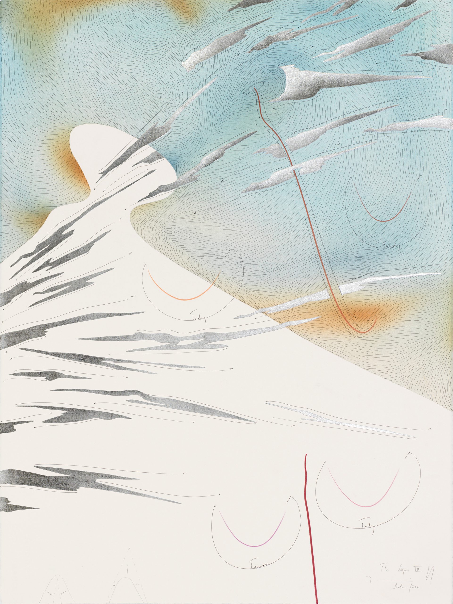 The Scope IX Streaming area with hills, smiles between yesterday and tomorrow, clouds and beats Berlin 2017 Einzelblatt 76,5 x 56,5 cm Single sheet 76,5 x 56,5 cm Gesamtinstallation nur Kunst 153 x 282,5 cm Entire installation art only 153 x 282,5 cm Tinte, Blattaluminium, Pastell, Ölkreide, Bleistift auf Papier, Unikat, Signiert Ink, aluminium leaf, pastels, oil chalks, pencil on paper, unique work, signed WV 2017-193