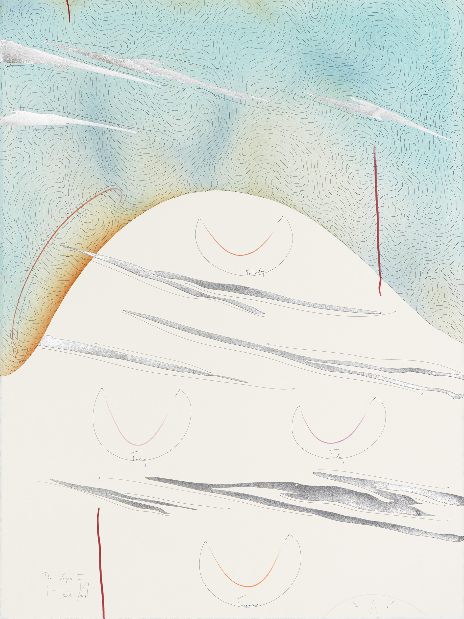 The Scope X Streaming area with hills, smiles between yesterday and tomorrow, clouds and beats Berlin 2017 Einzelblatt 76,5 x 56,5 cm Single sheet 76,5 x 56,5 cm Gesamtinstallation nur Kunst 153 x 282,5 cm Entire installation art only 153 x 282,5 cm Tinte, Blattaluminium, Pastell, Ölkreide, Bleistift auf Papier, Unikat, Signiert Ink, aluminium leaf, pastels, oil chalks, pencil on paper, unique work, signed WV 2017-194