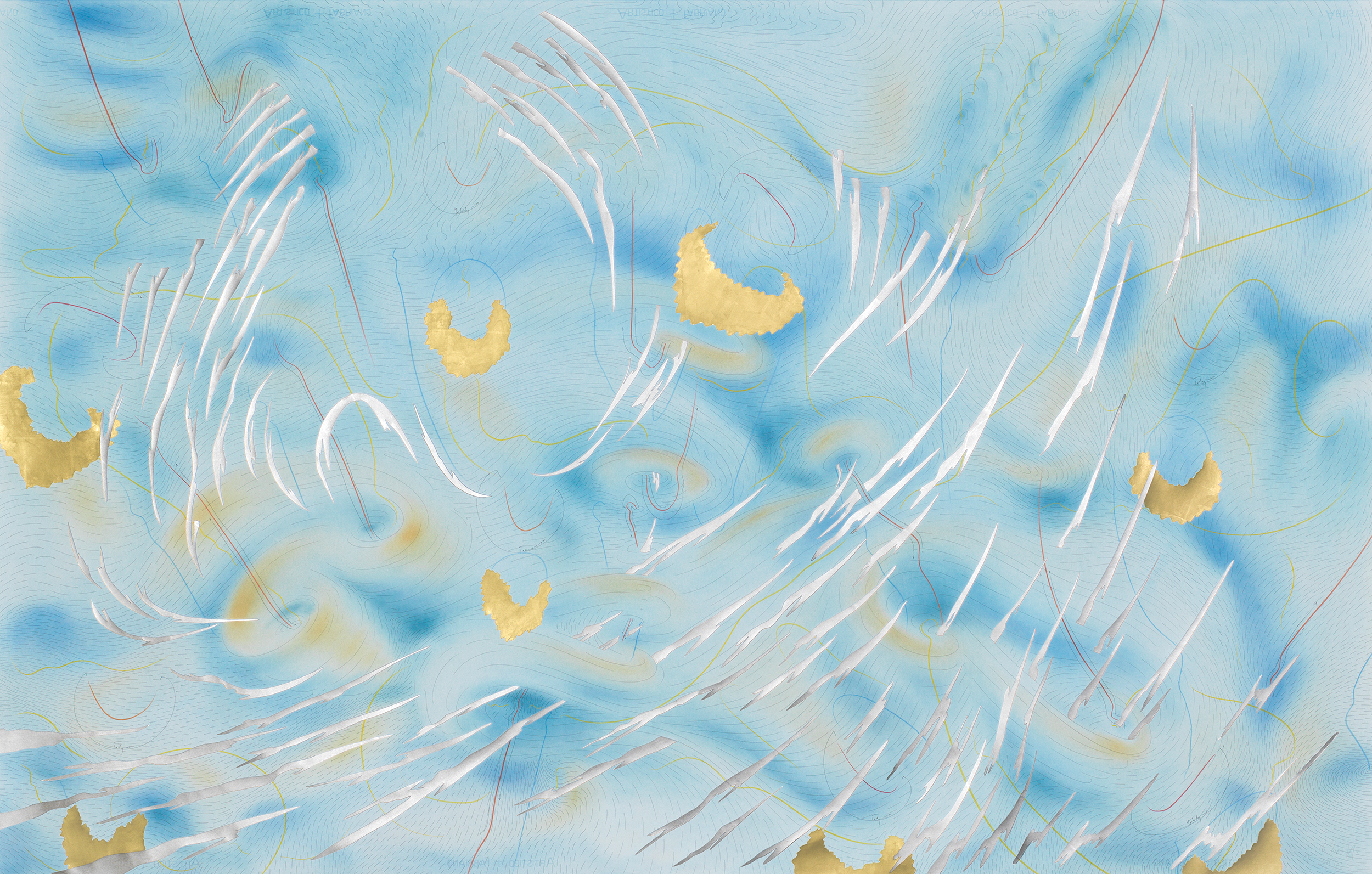 The Scope Berlin 2017 140 x 220 cm Tinte, Blattgold, Blattaluminium, Pastell, Ölkreide, Bleistift auf Papier Unikat Signiert Ink, gold leaf, aluminium leaf, pastels, oil chalks, pencil on paper Unique work Signed WV 2017-195