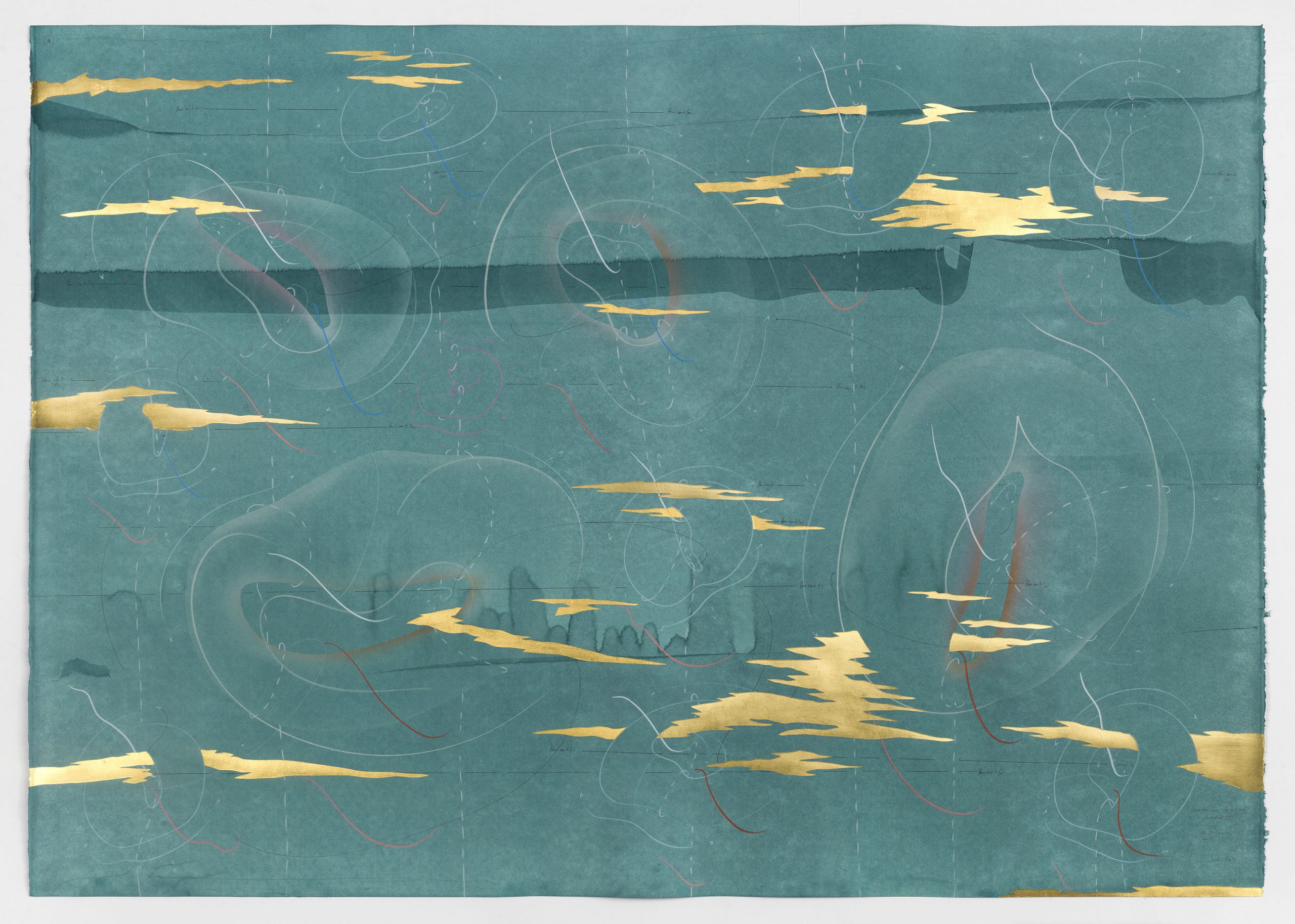 WV 2018-126 Immersive Integral Summer (I) 12 Horizons a-H Jorinde Voigt Berlin 2018 99,5 x 141 cm Ink, India ink, gold leaf, pastel, oil chalks, graphite on paper unique work signed