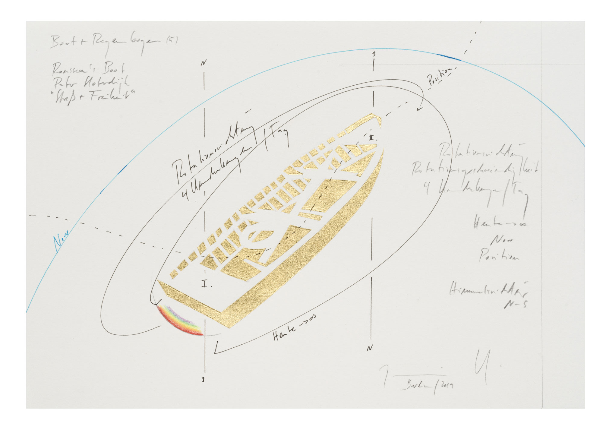 WV 2019-118 Boot + Regenbogen (5) Rousseau’s Boot Peter Sloterdijk „Streß + Freiheit“ Direction of Rotation Speed of Rotation 4 Rotations/Day Today ® ∞ Now Position Direction North-South Jorinde Voigt Berlin 2019 18 x 26 cm Ink, graphite, gold leaf, oil chalks on paper unique work signed