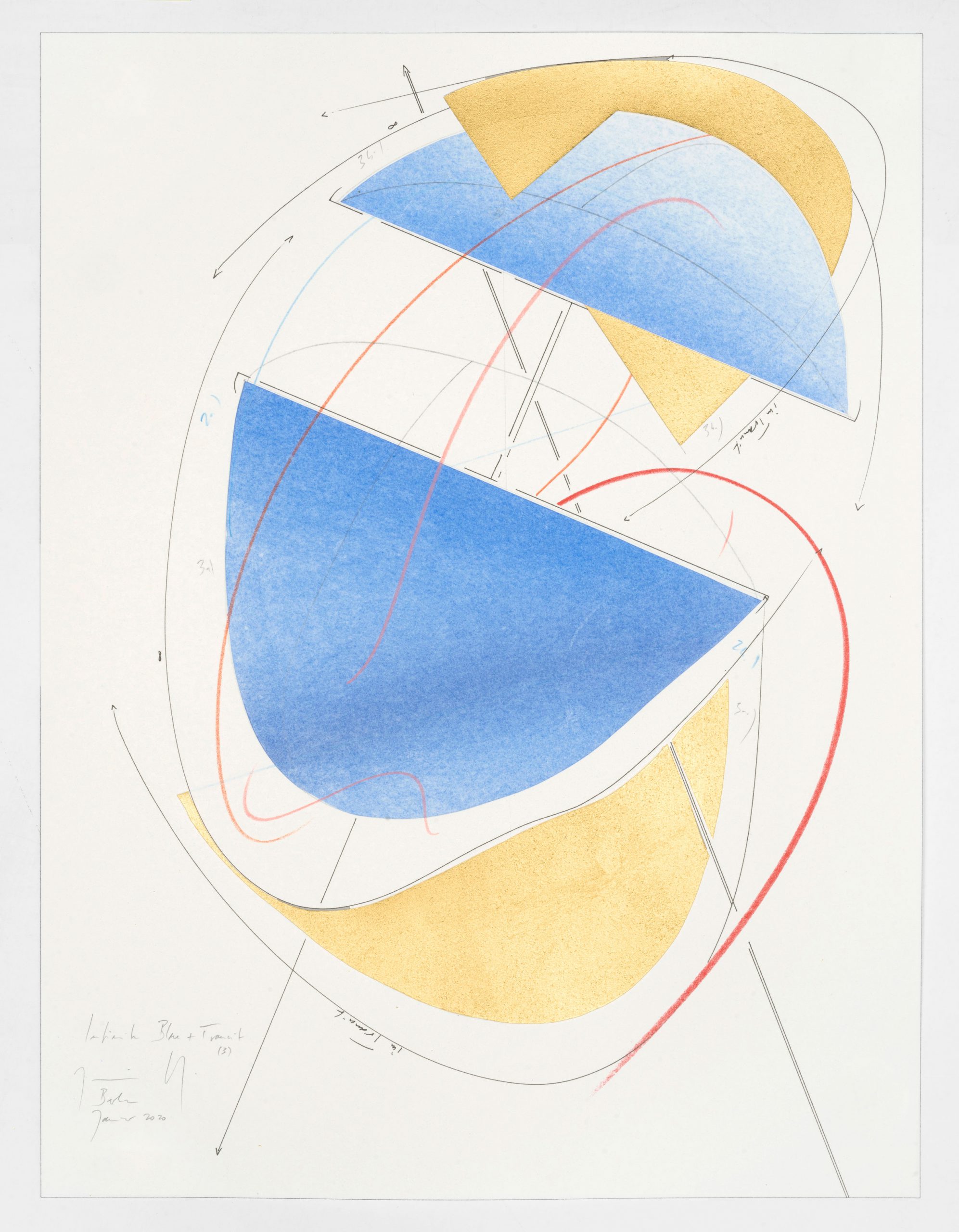 WV 2020-003 Infinite Blue + Transit (3) Jorinde Voigt Berlin 2020 41 x 31 cm ink, gold leaf, pastel, oil chalk, graphite on paper unique work signed